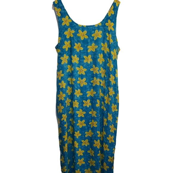 Teal Hawaiian Midi Dress with Yellow Flowers Sleeveless Tank L/XL - Picture 1 of 5